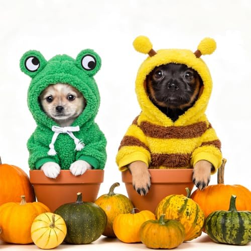Reginary 2 Pcs Halloween Dog Costume Pet Hoodies Frog Bee Soft Plush,M - Image 2