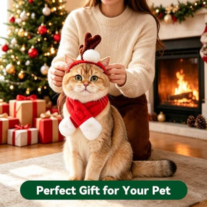 Cat Christmas Costume, Small Dogs Reindeer Antler with Red Santa Scarf, Xmas Single Reindeer Scarves Outfits for Kitten Puppy Rabbit, Adjustable Cat Elk Antler Christmas Decoration, Red - Image 6