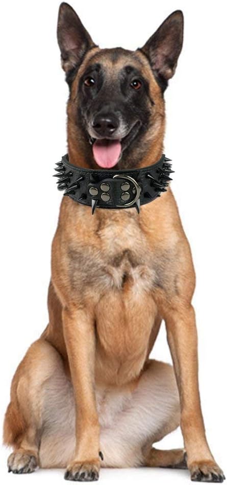 Serijoars Spiked Studded Dog Collar, PU Leather Dog Collar, Adjustable Pet Collars for Medium or Large Breed Pet (XL, Gold Brown3)