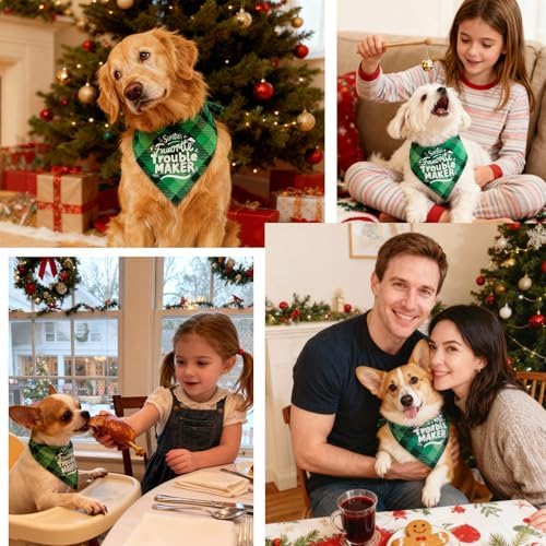 Christmas Dog Bandanas - Santa's Favorite Trouble Maker, Naughty & Nice List Print Pet Holiday Scarf Costume Gift, Green Plaid, Small & Medium Breed, 5-25lbs - Image 6
