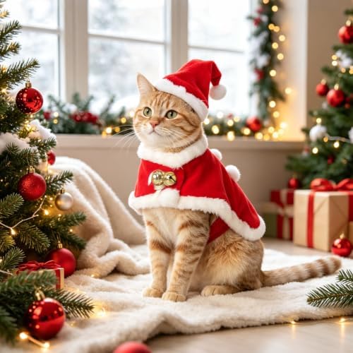 NAMSAN Pet Christmas Costume for Cats Small Dogs Rabbits, Santa Cat Hat with Red Cloak, Small Dog Xmas Hat Coat, Red Christmas Cat Outfit for Holiday Party Cosplay Statue Decoration - Image 5