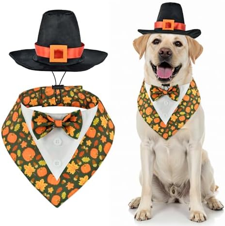 Thanksgiving Day Dog Adjustable Tuxedo with Black Pilgrim Hat Thanksgiving Day Puppy Costume Set Fall Thanksgiving Themed Outfits for Cats Puppy Dog L by PetToysSupplies