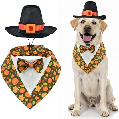 Thanksgiving Day Dog Adjustable Tuxedo with Black Pilgrim Hat Thanksgiving Day Puppy Costume Set Fall Thanksgiving Themed Outfits for Cats Puppy Dog L by PetToysSupplies