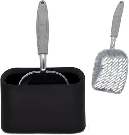 Metal Cat Litter Scoop with Holder, Aluminum Cats Litter Scooper Captures All Clumps, Heavy Duty Metal Kitty Scoopers with Holder, Cat Metal Scoop and Holder (Black)