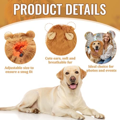 Soft Realistic Dog Lion Mane Costume with Ears for Medium to Large Dogs, Funny Adjustable Pet Wig Headwear for Halloween, Birthday, Photoshoot, Cosplay Dress Up Apparel, and Cold Weather Wear - Image 3