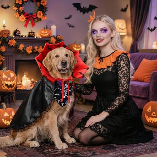 Dog Halloween Costumes with Black Bandana, Dog Vampire Cloak Cape(Red,M) - Image 6