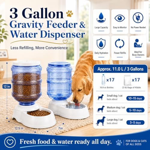 Automatic Dog Feeder and Water Dispenser Set for Large Dogs, 3 Gallon Gravity Dog Cat Food and Water Dispenser Set with Pet Food Bowl,Large Pet Food Water Dispenser Station