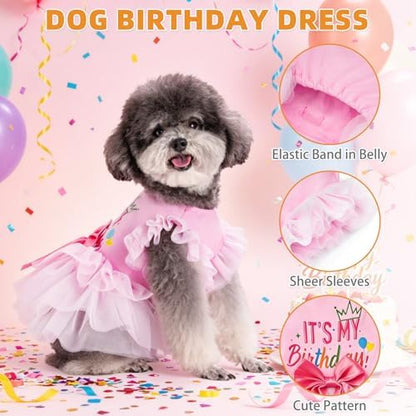 KOOLTAIL Dog Birthday Dress for Small Medium Dogs Girl, Puppy Lace Tutu Pink Birthday Party Holiday Outfit Gift, Cute Ruffle Sleeves Bowknot Dress, Soft Pet Cat Princess Clothes Costume Apparel, S - Image 4