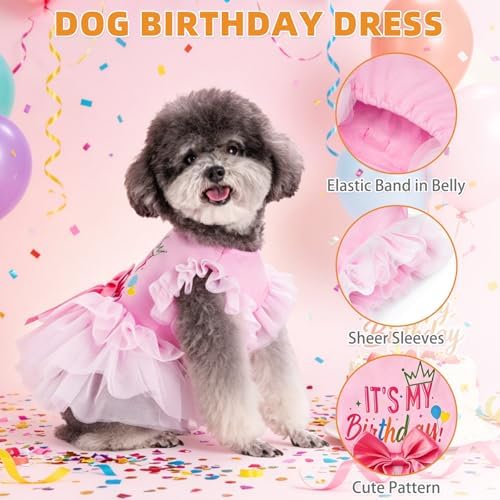 KOOLTAIL Dog Birthday Dress for Small Medium Dogs Girl, Puppy Lace Tutu Pink Birthday Party Holiday Outfit Gift, Cute Ruffle Sleeves Bowknot Dress, Soft Pet Cat Princess Clothes Costume Apparel, XS - Image 4