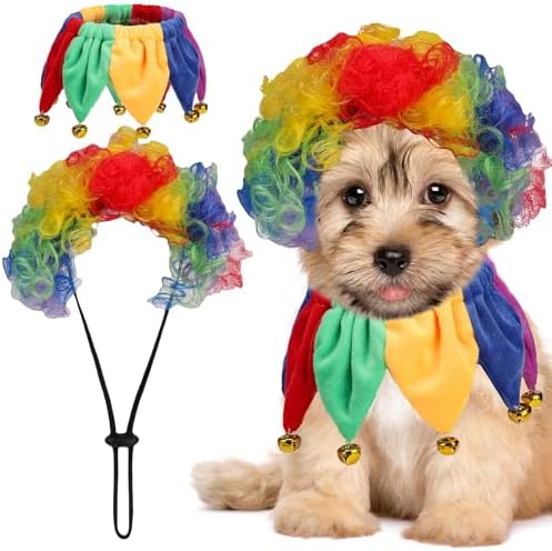 EXPAWLORER Dog Halloween Costume, 2 Pack Funny Doggie Cosplay Rainbow Jester Clown Wig with Collar, Adjustable Headwear Dress Up Holiday Apparel for Party for Small Medium Large Dogs Puppies Cats by EXPAWLORER