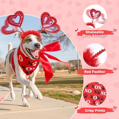 SCENEREAL Dog Valentine's Day Outfit, White Feather Wing & Heart Headband & Bandana Set, Red Puppy Kitty Party Supplies for Small Medium Dogs Cats, Pet Costumes - Image 4