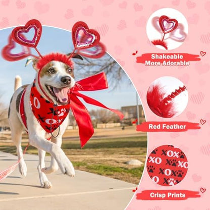 SCENEREAL Dog Valentine's Day Outfit, White Feather Wing & Heart Headband & Bandana Set, Red Puppy Kitty Party Supplies for Small Medium Dogs Cats, Pet Costumes - Image 4