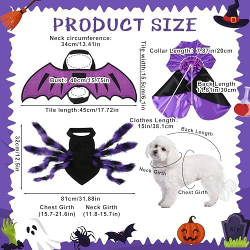 3 Pcs Halloween Costume for Dog Cat, Spider Bat Wings Cape, Purple, M - Image 2