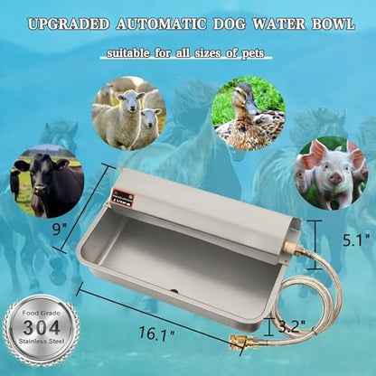Automatic Dog Water Dispenser with Drain Hole, 304 Stainless Steel Auto Water Dog Bowl with Float Valve, Hose Quick Connect Fitting, Automatic Livestock Waterer for Horse, Chicken (2 Gallons)