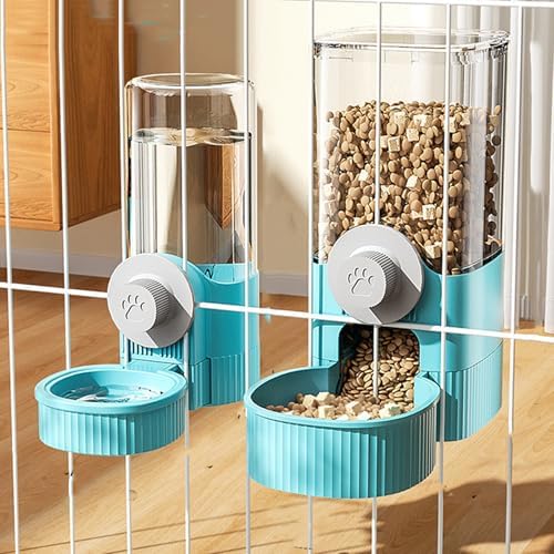 Hanging Cage Automatic Food Water Dispenser, Auto Gravity 1.2L Self-Feeding Feeder and 0.52L Waterer Set, Crate Auto Feeder Dish for Puppy Cats Ferret Bunny Guinea Pig Small Pets (Blue)