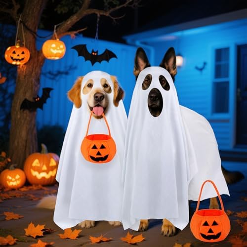 Dog Halloween Costumes, Dog Ghost Costume Funny Pet Ghost Costume with Pumpkin Candy Bag for Small Medium Large Dogs Pets (Large) - Image 2