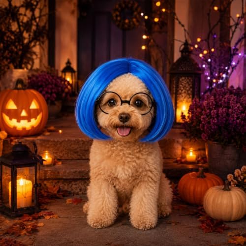 Dansydaisy 2 Pcs Halloween Sad Dog Costume Set Blue Bob Wig Round Glasses - Image 6