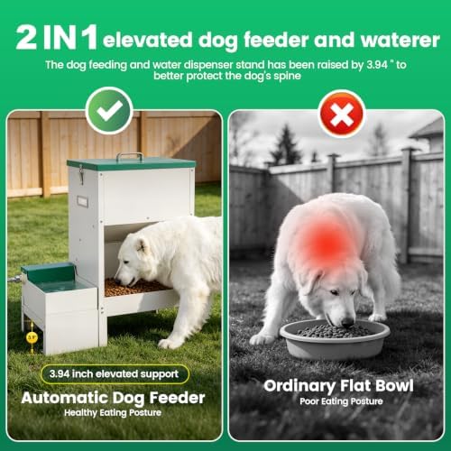 40-50lb Dog Self Feeder Outdoor Automatic Dog Feeder and Water Raised 6L Water Bowl Dispenser Auto Metal Gravity Dog Feeder 3.94" Elevated Animal Feeder Feeding Station for Large Breed