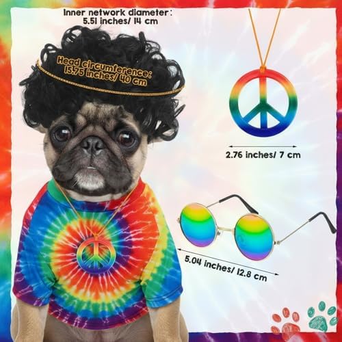 Kinlop 4 Pcs Hippie Dog Costume Halloween Pet Costume Accessories Includes 60s 70s Colorful Tie Dye T-Shirt Funky Wig Peace Sign Necklace and Sunglasses for Party Dress up (M) - Image 4