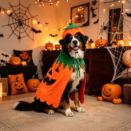 Dog Halloween Pumpkin Costume, Pumpkin Cloak & Hat Set for M/Large Dogs(L) - Image 7