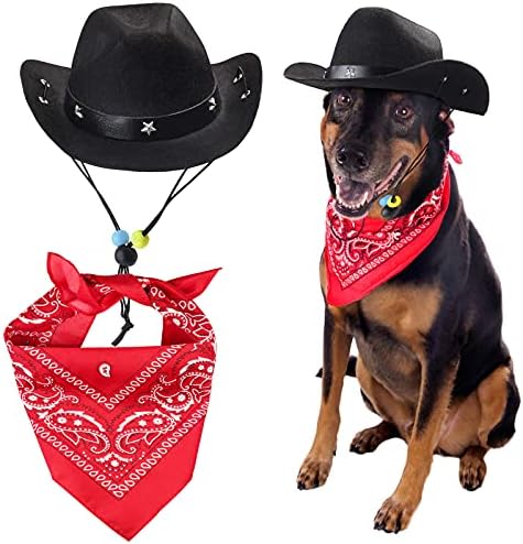 Yewong Pet Cowboy Costume Accessories Dog Cat Pet Size Cowboy Hat and Bandana Scarf West Cowboy Accessories for Puppy Kitten Party Festival and Daily Wearing Set of 2 (Black) by Yewong