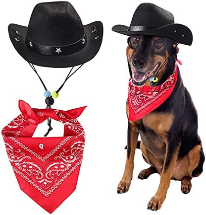 Yewong Pet Cowboy Costume Accessories Dog Cat Pet Size Cowboy Hat and Bandana Scarf West Cowboy Accessories for Puppy Kitten Party Festival and Daily Wearing Set of 2 (Black) by Yewong