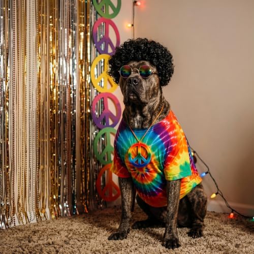 Kinlop 4 Pcs Hippie Dog Costume Halloween Pet Costume Accessories Includes 60s 70s Colorful Tie Dye T-Shirt Funky Wig Peace Sign Necklace and Sunglasses for Party Dress Up(XL) - Image 2