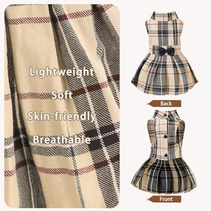 PUPTECK Classic Beige Plaid Dog Dress with Bow Puppy Skirt Clothes L - Image 3