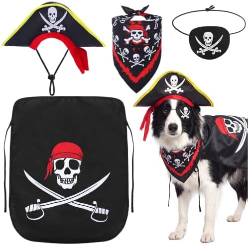 Huhumy 4 Pcs Dog Pirate Costume Hat Cape Bandana, Black, Large by Huhumy