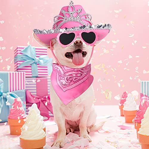 Yewong Pet Pink Cowboy Hat Costume Accessory Set Dog Cat Size Pink Cowgirl Princess Hat with Crown Tiara Bandana/Scarf Sunglasses for Cat Puppy Western Costume Daily Wearing Photo Props - Image 6