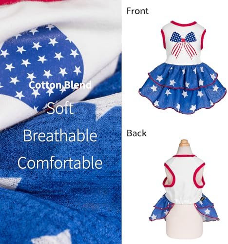 Fitwarm Patriotic Bowknot Tiered Ruffle Dog Dress, 4th of July Clothes for Small Dogs Girl, Pet Outfit, Royal Blue, Red, White, Small - Image 3
