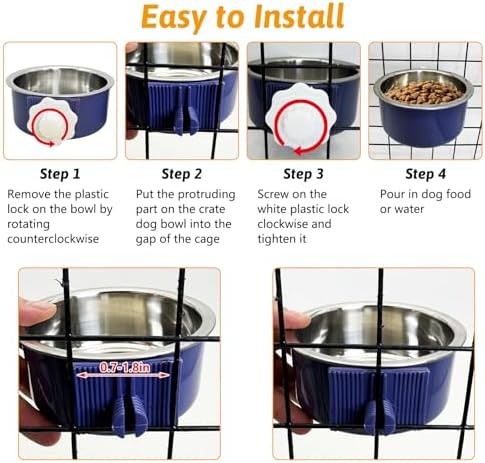 Hamiledyi Crate Dog Bowl Cat 2 Pcs Removable Stainless Steel Hanging No Spill Pet Bowl for Kennels Durable Detachable Design Fits Small Medium Dog Cages (Dark Blue