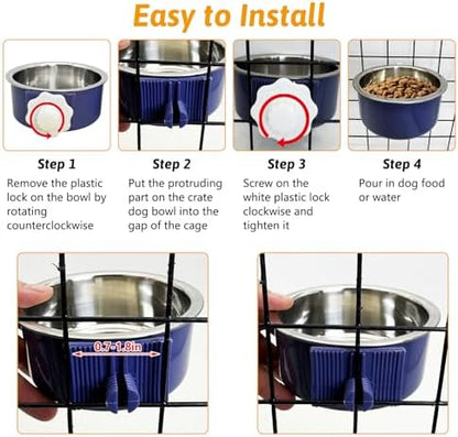 Hamiledyi Crate Dog Bowl Cat 2 Pcs Removable Stainless Steel Hanging No Spill Pet Bowl for Kennels Durable Detachable Design Fits Small Medium Dog Cages (Dark Blue
