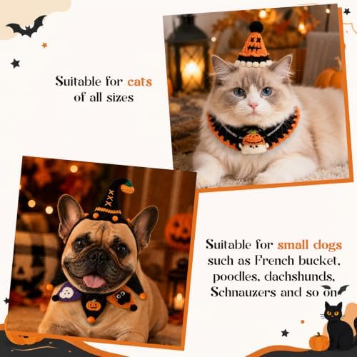 4 Pcs Halloween Cats Dogs Pets Crochets Handmade Collars Soft Wool Neck Collars with Hats Knitted Costume Photo Shoot Props Bibs for Multiple Family Matching Set (Cool Pumpkins) - Image 3