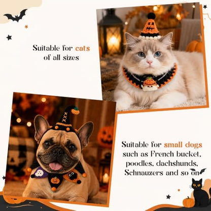 4 Pcs Halloween Cats Dogs Pets Crochets Handmade Collars Soft Wool Neck Collars with Hats Knitted Costume Photo Shoot Props Bibs for Multiple Family Matching Set (Cool Pumpkins) - Image 3