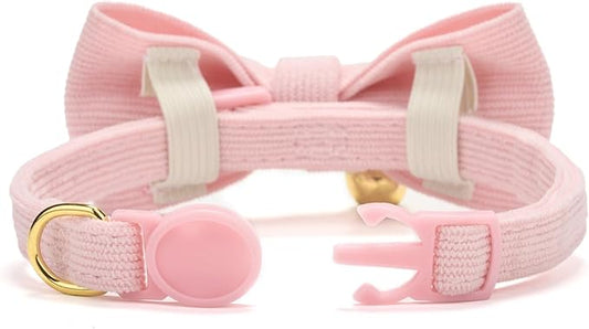 Cotton Breakaway Kitten Collar with Bow Tie and Bell Adjustable Cute Soft Corduroy Cat Collars for Small Female Cats(Pink,XS)