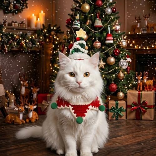 Christmas Dog Costume,Handmade Dog Outfit with Christmas Tree Cat Hat,Knitted Cat Costume,Adjustable Fit Pet Apparel for Cats and Small Sized Dogs,Gifts for Dogs and Cats - Image 5
