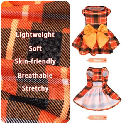 PUPTECK Plaid Fall Dog Dress with Bow for Autumn, Orange Plaid S - Image 3