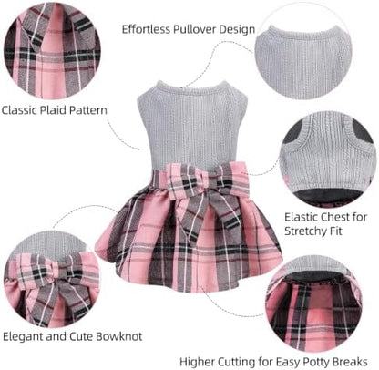 PUPTECK Cute Soft Plaid Dog Dress with Bow Puppy Skirt Clothes Grey Pink XS - Image 4
