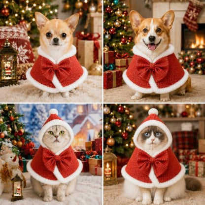 Christmas Pet Costume Santa Cape, Christmas Cat Costume & Dog Christmas Costume for Cats and Small Dogs, Plush Santa Hooded Pet Clothes with Red Cape White Fur Trim, Holiday Cosplay, Large - Image 6