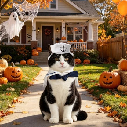 NAMSAN Pet Sailor Costume for Cats Small Dogs Rabbits, Halloween Cat Sailor Hat with Tie Collar, Small Dog Navy Hat Cape, Halloween Cat Sailor Outfit for Holiday Party Cosplay Statue Decoration - Image 6