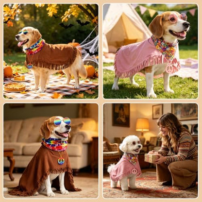SCENEREAL 4 Pcs Hippie Dog Halloween Costume, Poncho Sunglasses Scarf - Image 6