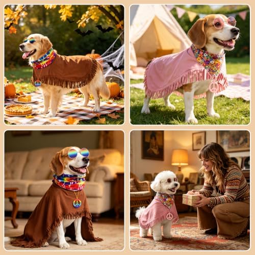 SCENEREAL 4 Pcs Hippie Dog Halloween Costume, Poncho Sunglasses Scarf - Image 6