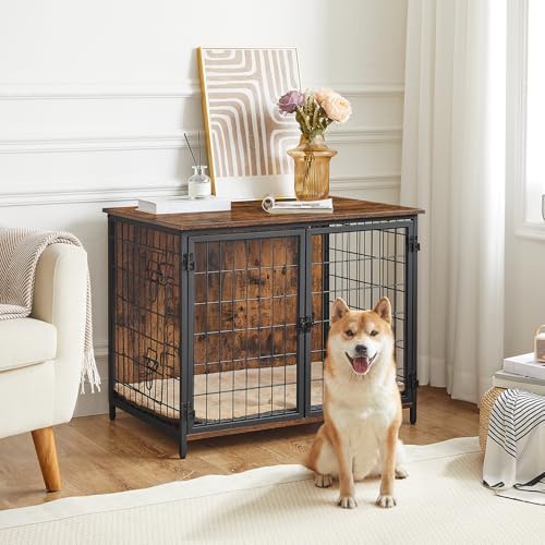 MAHANCRIS Dog Crate Furniture with Cushion, Wooden Dog Kennel with Double Doors, Heavy Duty Dog Cage for Small/Medium/Large Dogs, Indoor Dog House End Table, 31.5" L, Rustic Brown DCHR0701Z1