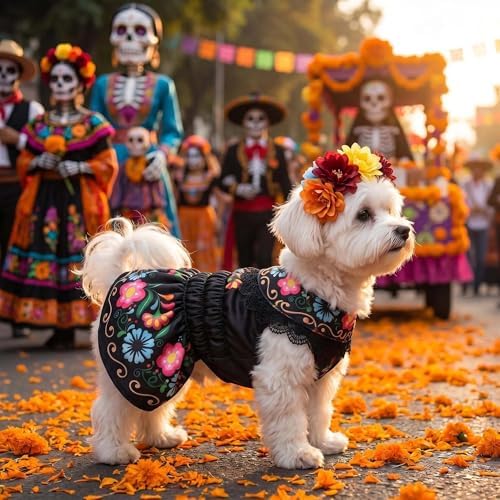 FLAdorepet Day of The Dead Dog Mexican Dress Costume Outfit and Headband,M - Image 3