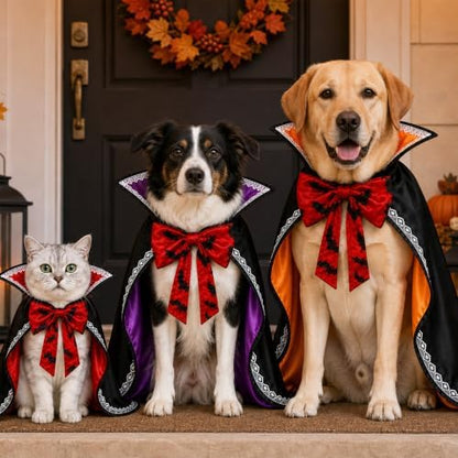 Halloween Dog & Cat Vampire Cape Costume, Satin-Look Pet Vampire Cloak with Bat Bow Tie and Stand-Up Collar, Adjustable Costume for Small, Medium, Large Dogs and Cats - Image 6