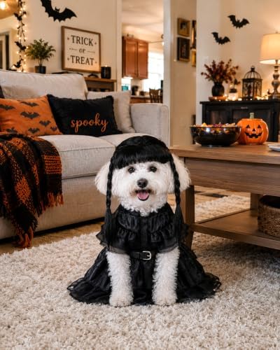 Dog Halloween Costume with Braided Wig, Gothic Black Tulle Dress and Belt Set for Small Medium Dogs, Creepy Cute Pet Cosplay Outfit for Puppy Cats, Spooky Party Apparel - Image 4