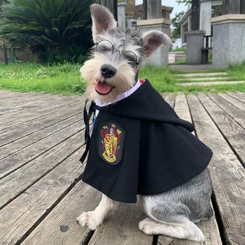 Dog Halloween Magician Costume Set, Cat Wizard Cloak with Hood, Tie & Glasses, Pet Cosplay Outfit for Halloween Party, Puppy Witch Costume for Small Dogs (Red and Black, Small) - Image 3