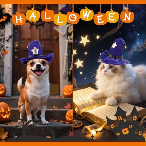 NAMSAN Pet Witch Costume for Cats Small Dogs Rabbits, Halloween Cat Wizard Hat, Small Dog Witch Hat, Halloween Cat Sorcerer Outfit for Holiday Party Cosplay Statue Decoration - Image 3