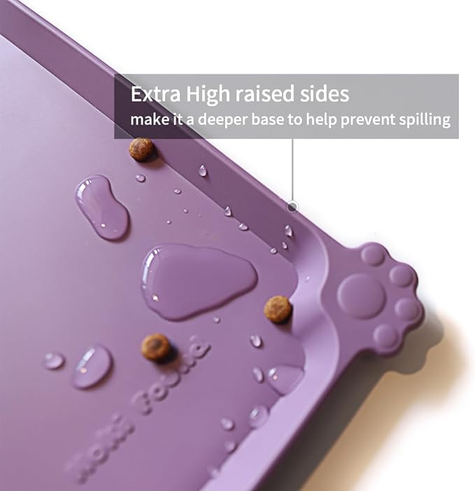 Hoki Found XX-Large Silicone Pet Food Mats - Non Slip Dog Cat Bowl Placemats - Waterproof Dog Cat Food Mats for Carpet - Amethyst